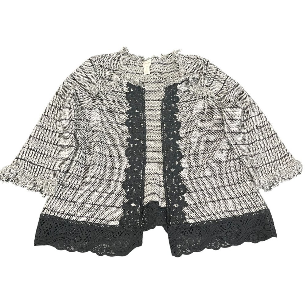 Chico's Tweed Gray/Black Open Cardigan With Lace, Size 3